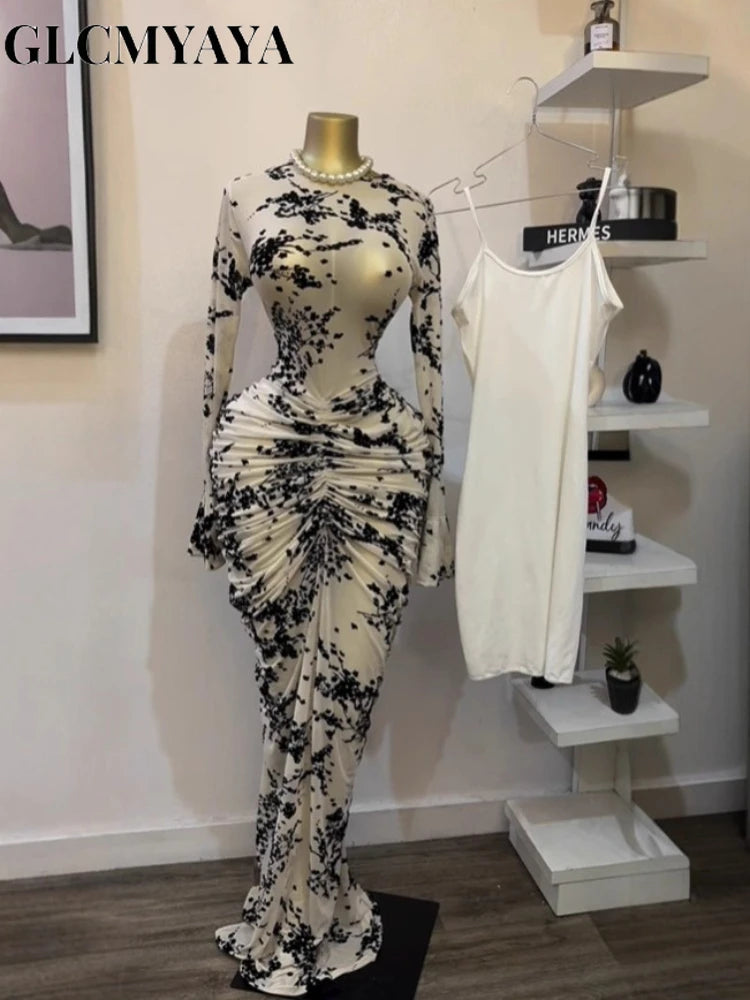 Long Sleeve Stacked Mesh See Though with Lining Bodycon Long Dress
