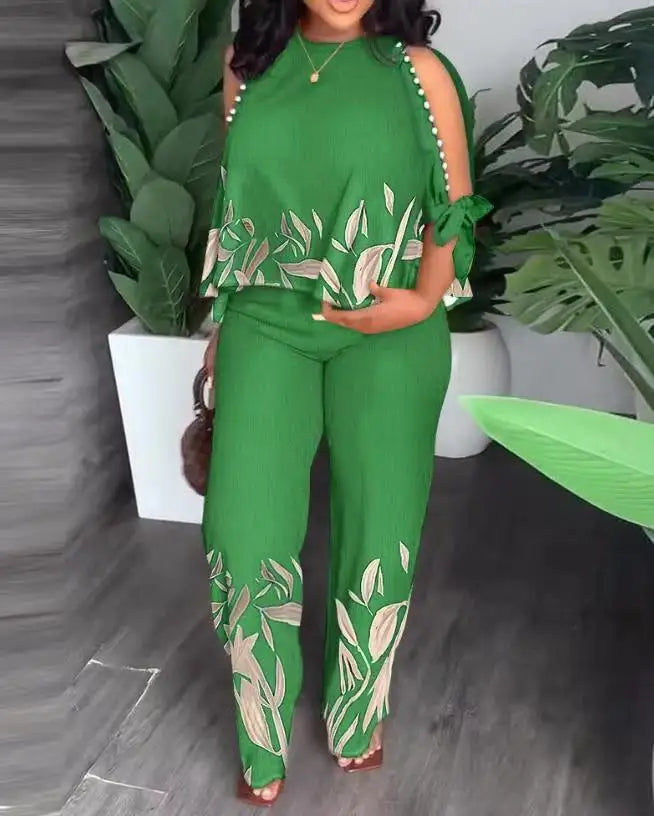 Plus Size Fashion Short Sleeve Crew Neck Beaded Positioning Printed Tops + Straight Pants