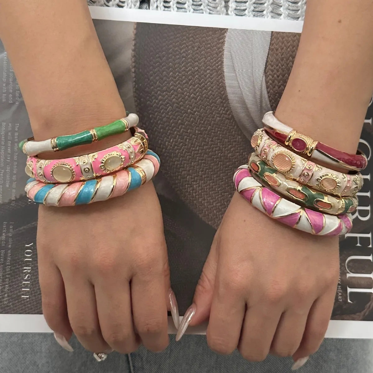 Colorful Enamel Resin Bamboo Bangle Geometry Bracelet