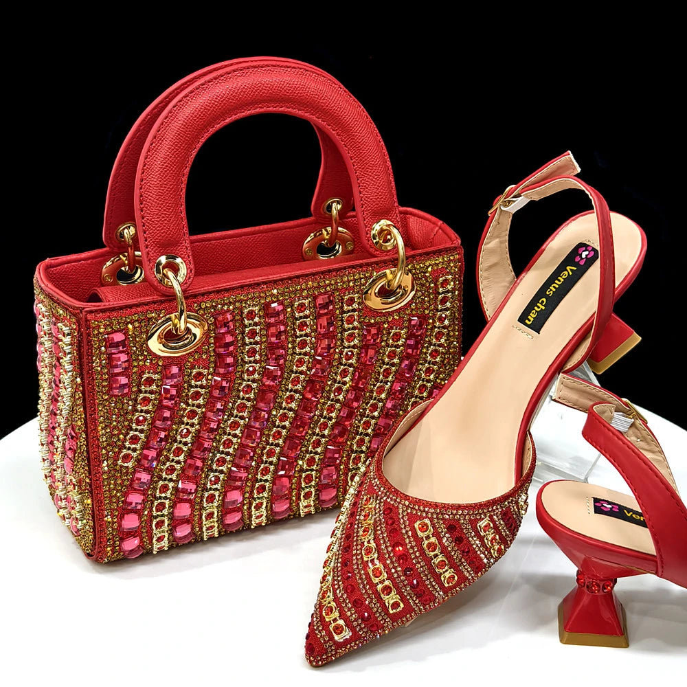 Shiny Italian Fashion Pointed Toe Heels & Rhinestone Bag Set