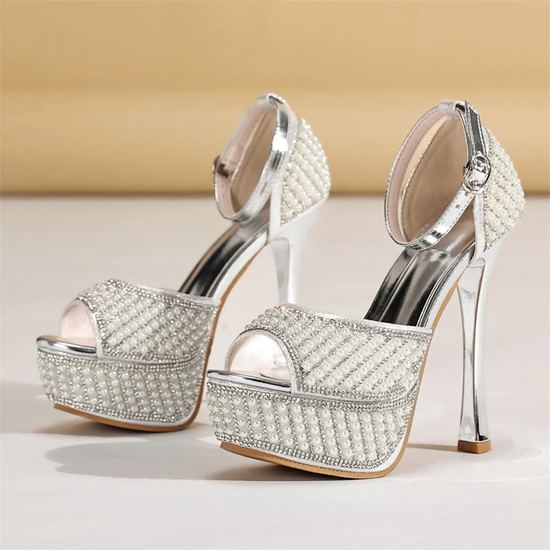 String Beads Buckle Strap Street Style Thin High Heels