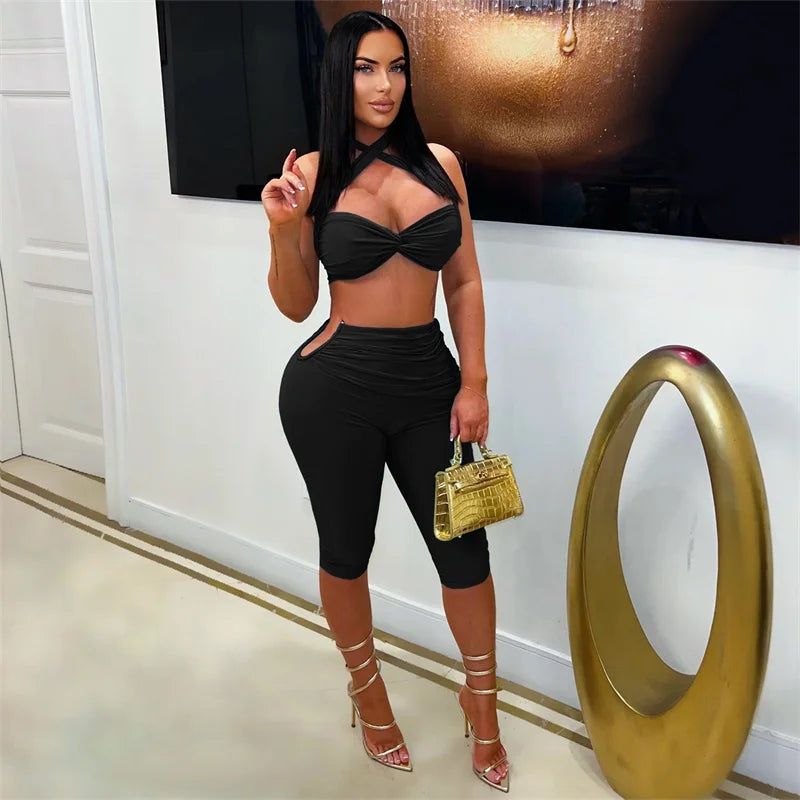 Sexy Rave Club Party Halter Draped Bra Top and Knee Length Pants Matching Sets
