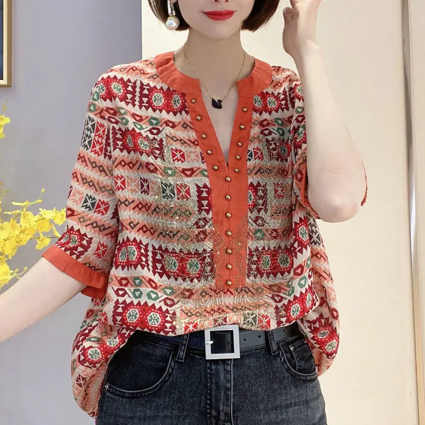 Elegant Fashion Rivet Casual Printing Summer Short Sleeve Loose Temperament Shirt