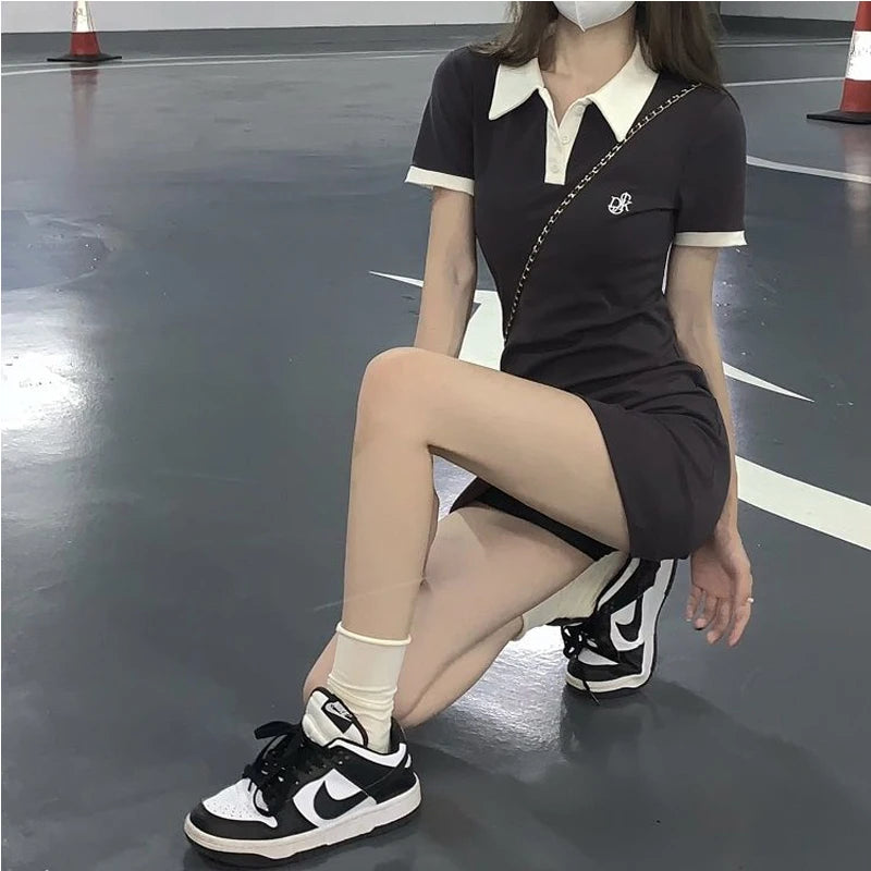 Polo Short Sleeve Mini Skirt Slim Sheath Tight Dress Collar Shirt