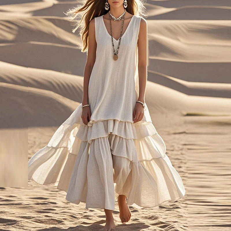 Retro Solid Cotton Linen Pleated Long Dress