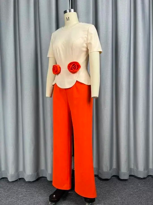 Women’s Colorblock 3D Flower Peplum Jumpsuit – Elegant Wide-Leg One-Piece for Office, Church & Special Events