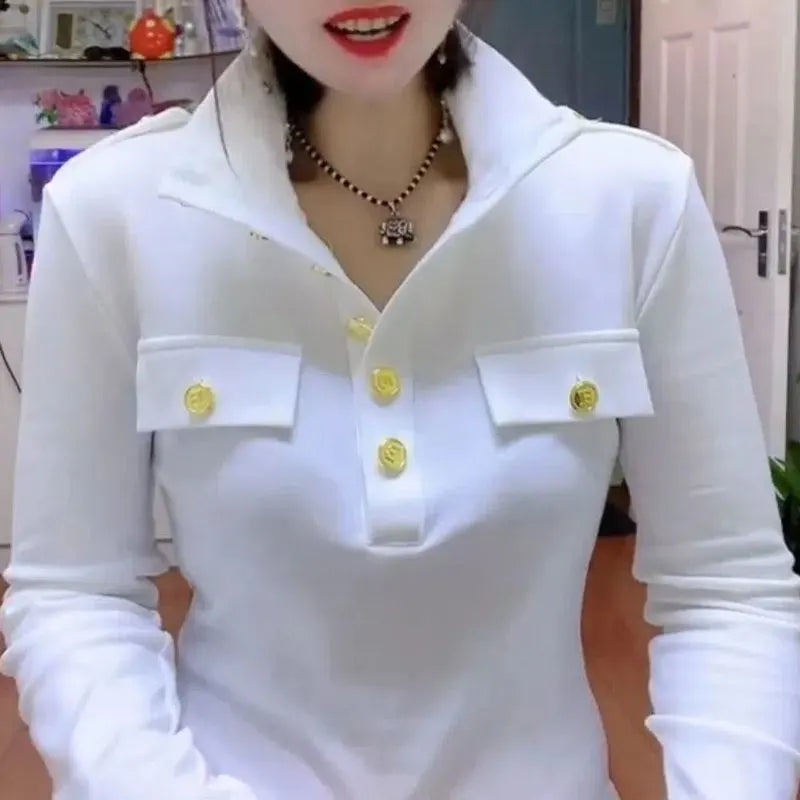 Fashion Epaulet Pullovers Casual Solid Color Spring Autumn Long Sleeve Turn-down Collar Button Shirt