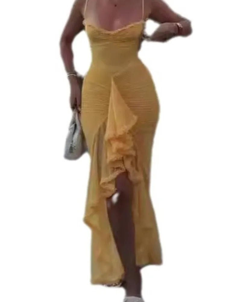 Elegant Irregular Ruffles Hem Pleated Sling Maxi Dress