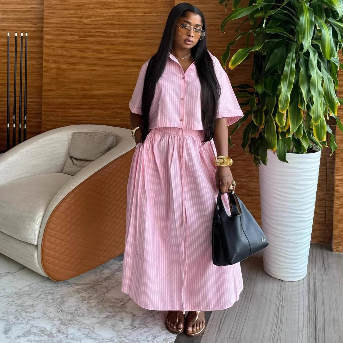 Women’s Striped Two‑Piece Summer Set – Button Shirt & Tie-Front Elastic Skirt