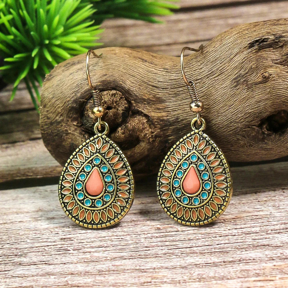 Bohemian Turquoise Vintage Geometric Drop Earrings – Alloy Oil Drop Round Stone Design