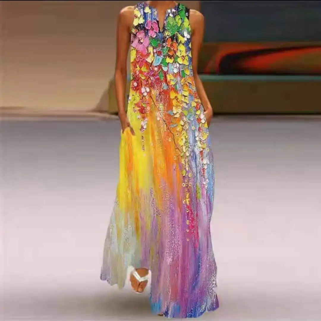 Summer Dress Sleeveless V Neck Floral Letter Print Maxi Long Dresses