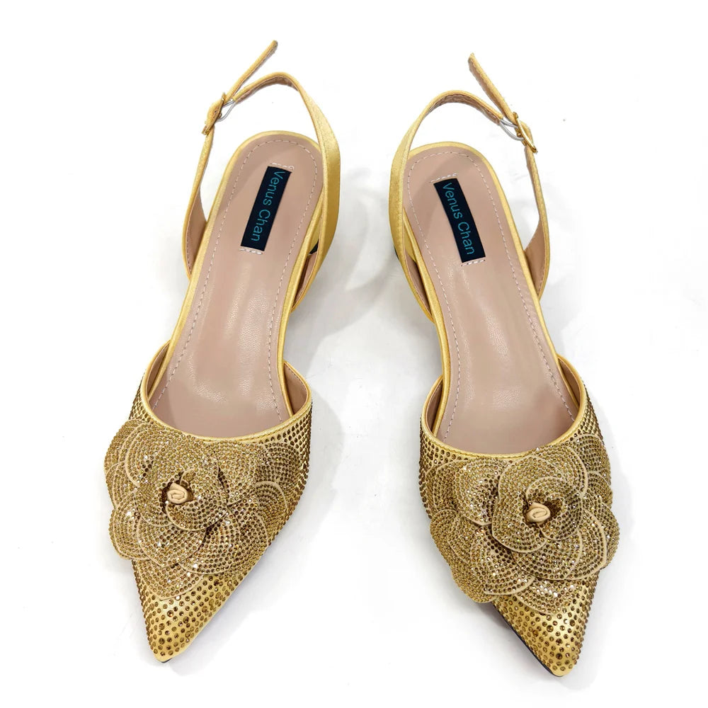Italian Design Evening Shoes And Bags Paired With Handmade Petal Gold Colour Pointed Toe Mid-Heel Shoes For Women Party Shoes