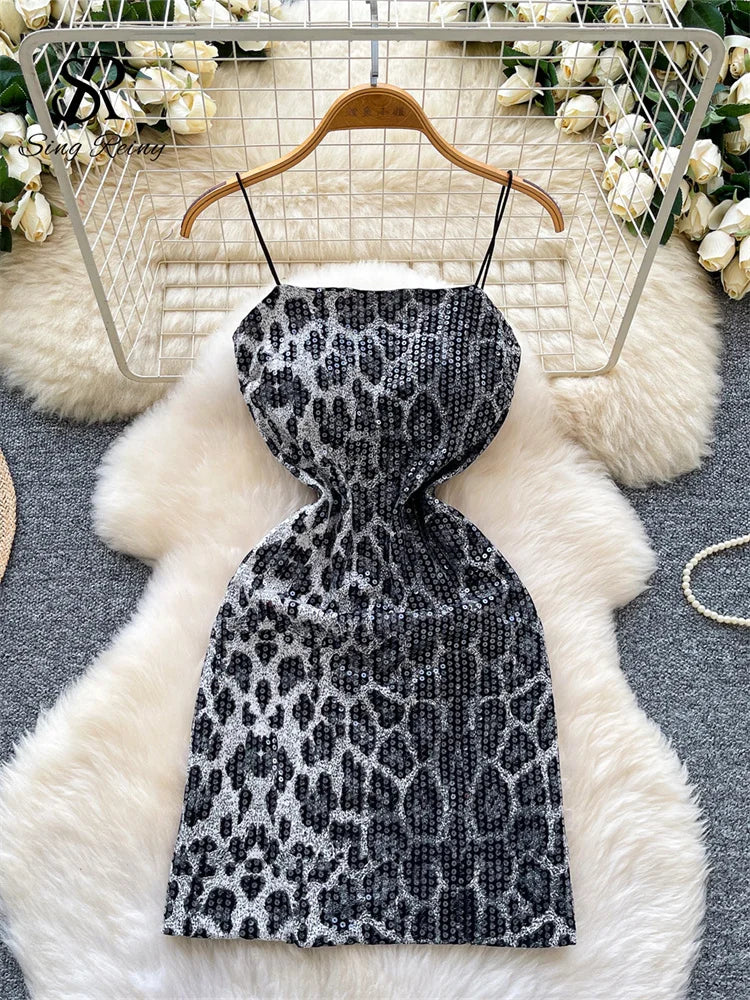 Sexy Leopard 2026 Summer Trendy Night Club Sequined Glitter Bodycon Mini Dresses