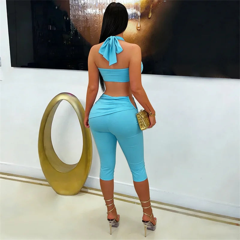 Sexy Rave Club Party Halter Draped Bra Top and Knee Length Pants Matching Sets