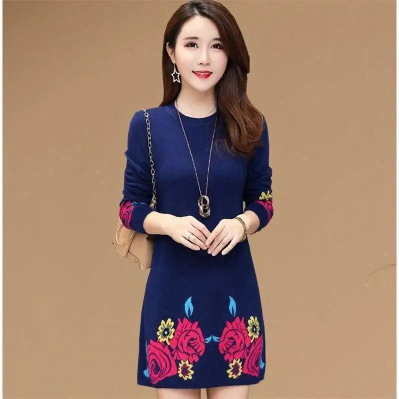 Autumn and Winter  Round Neck Long Sleeve Slim Pullover Plus Size Midi Underlay Printing Dress
