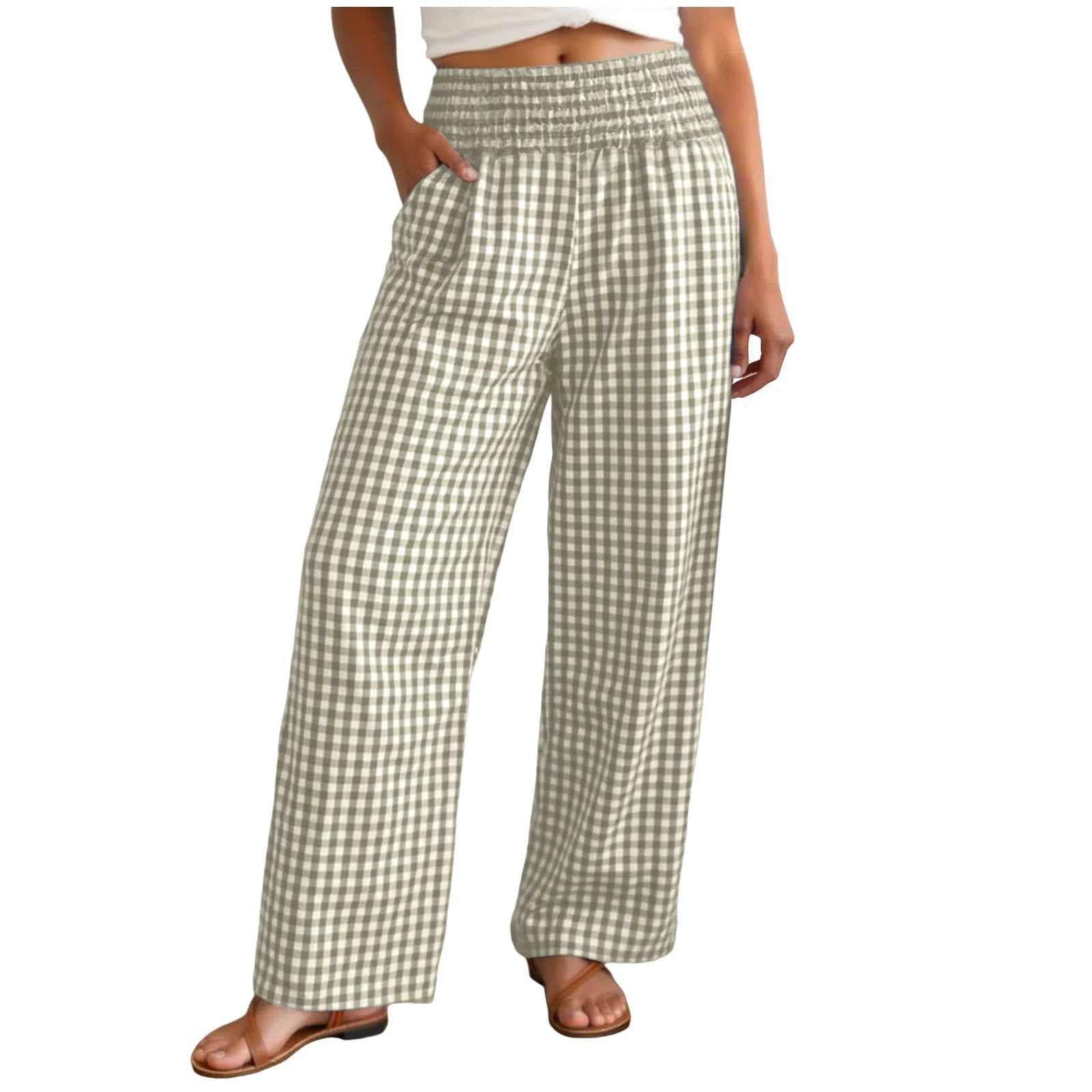 Casual Plaid Comfortable  With Pockets Elastic Waist Wide Leg Casual Pant