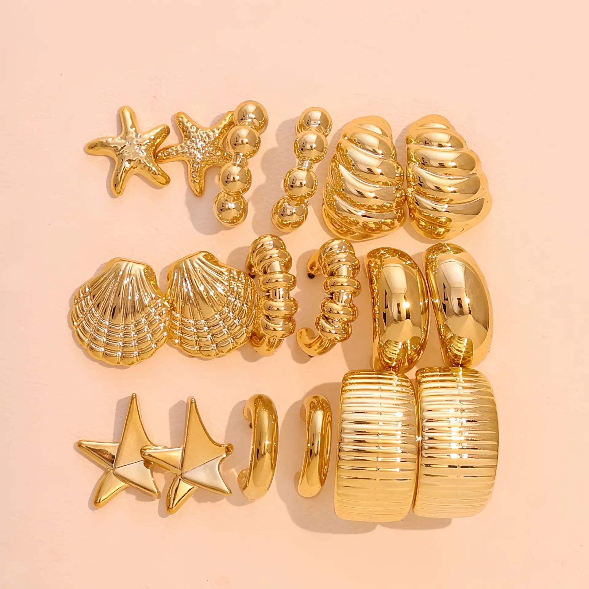 9-Pair Golden Resin Earrings Set – Starfish, Seashell &amp; Textured C-Shape Collection