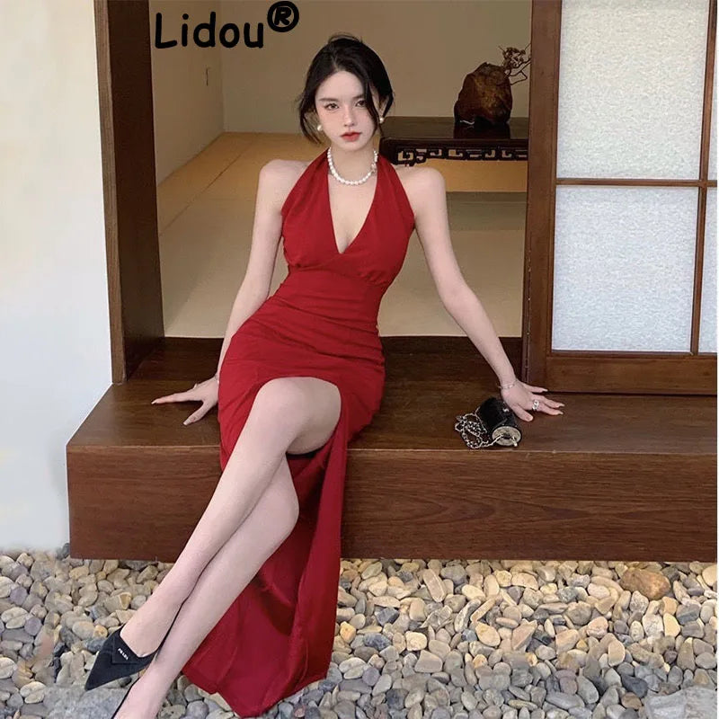 Women Sleeveless Chest Wrap Maxi Dress Split Deep Sexy V Neck Party Elegant Red Evening Dresses Summer Female Fashion Mini Robe