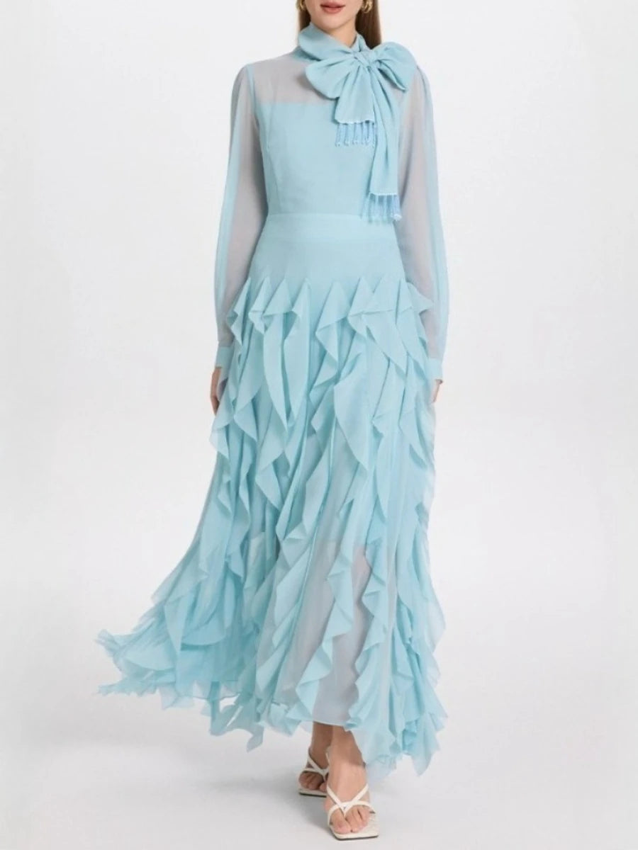 Solid Sheer Spliced Stand Neck Long Sleeves Tunic Patchwork Bow Dress