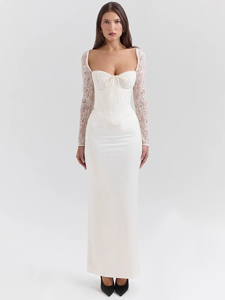 Lace Long Sleeve White Square Collar Backless Back Split Bodycon Club Party Long Dress