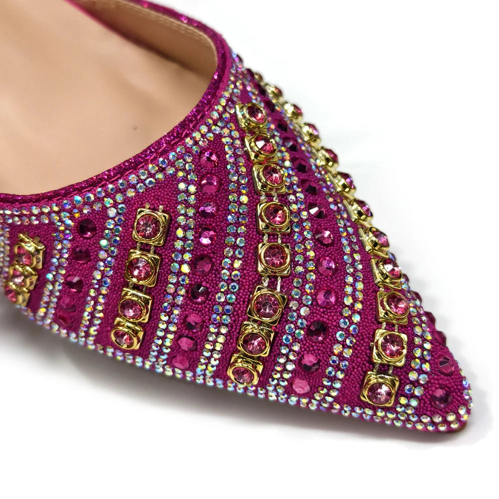 Shiny Italian Fashion Pointed Toe Heels & Rhinestone Bag Set