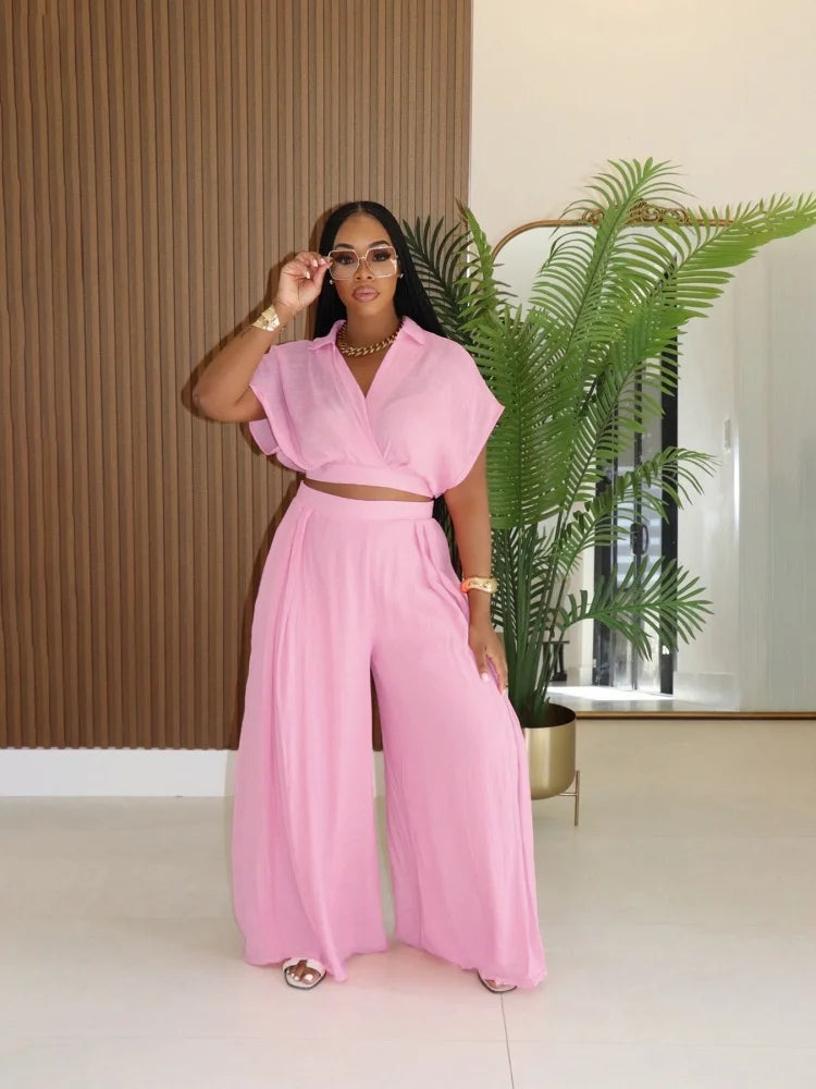 Short Sleeve Collarless Top & High-Waist Wide-Leg Pants