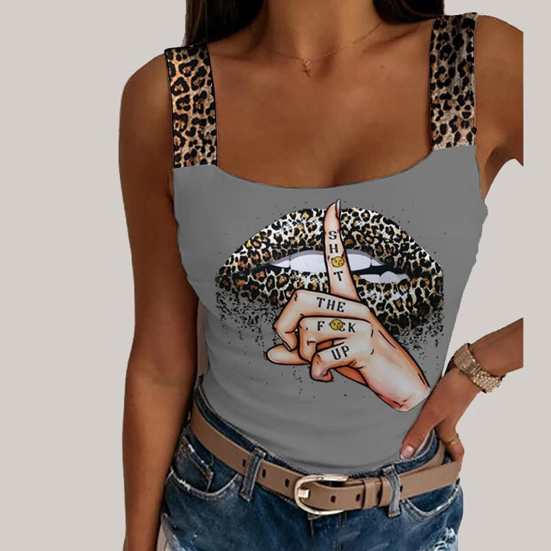 Leopard Lips Print Sleeveless Sexy Tank Tops