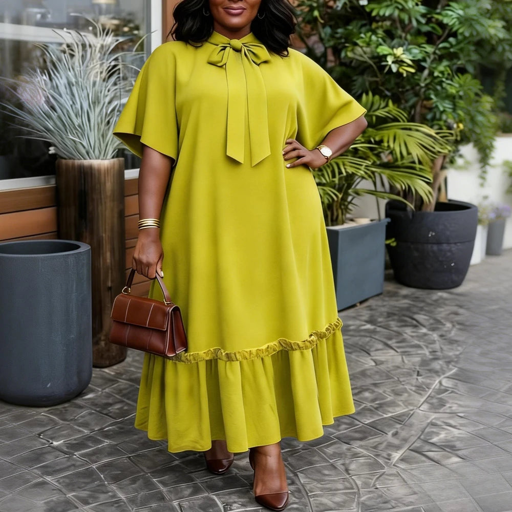 Elegant Straight Bow Collar Short Sleeves Loose Long Ruffles Hem Dress