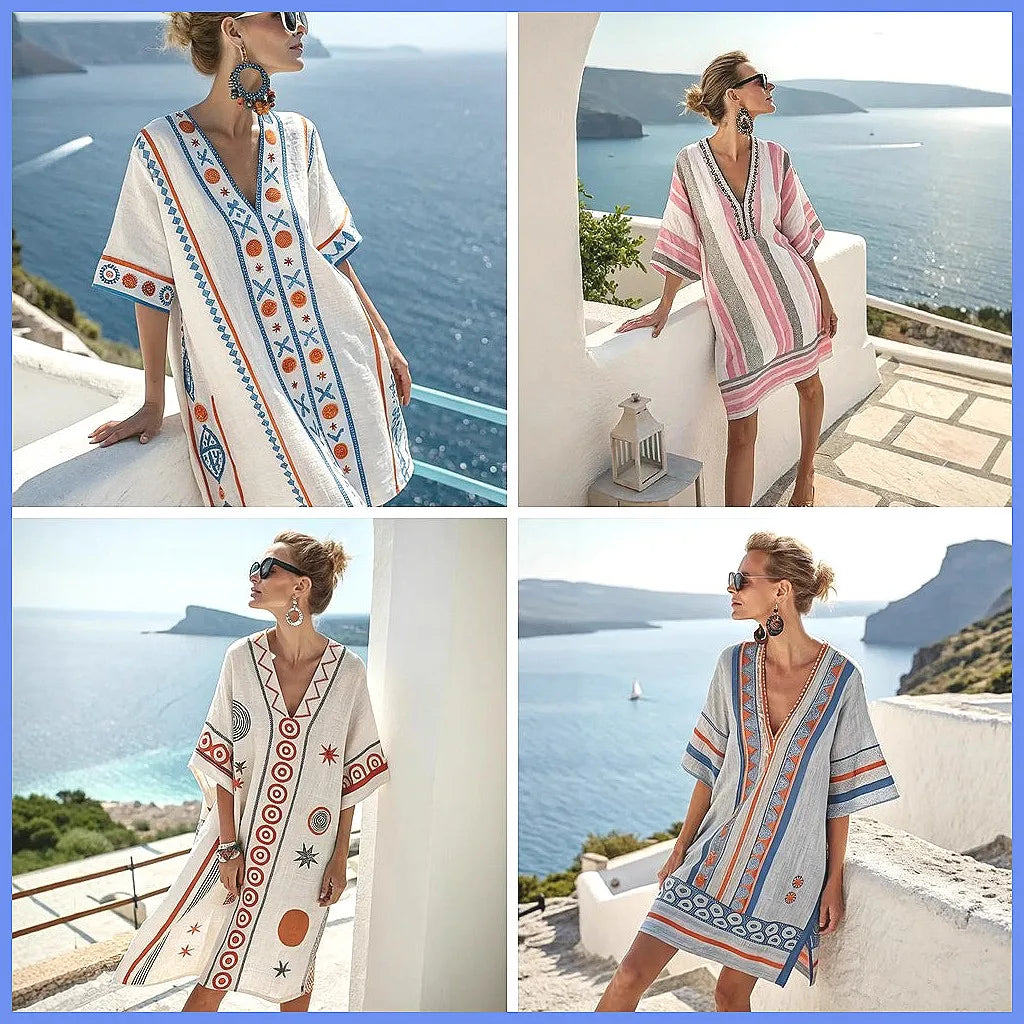 2025 Summer V-Neck Floral Print Loose Beach Dress