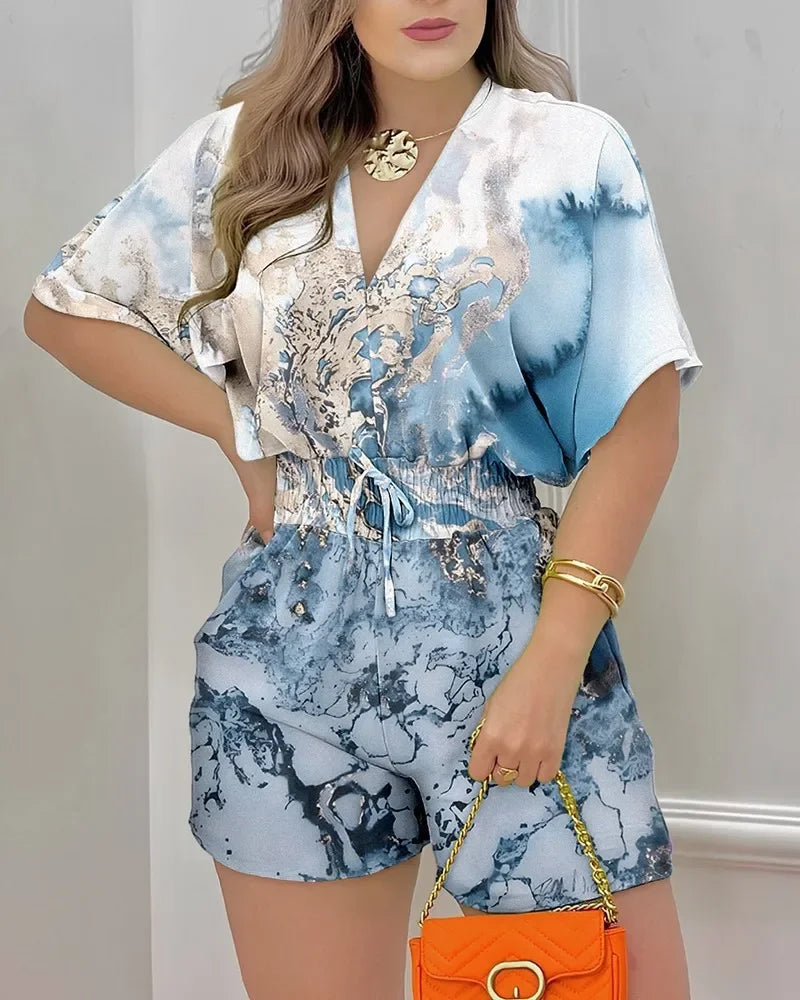 New Loose Casual Printing Fashion V-neck Short Sleeve Waist Shorts Drawstring Pleated Streetwear Romper