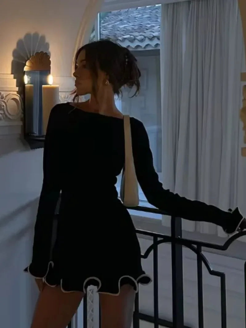 Autumn Long Sleeve Ruffled Knit Black Mini Dress