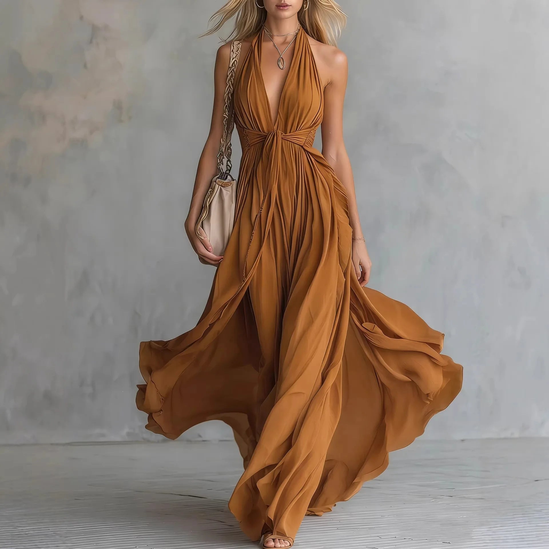 Women’s Elegant Deep V-Neck Lace-Up Long Dress