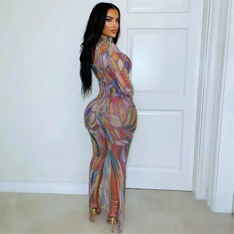 Colourful Tie Dye Print Bodycon Maxi Dress