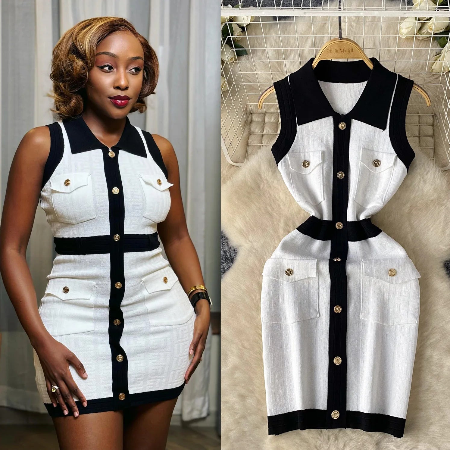 Vests Knitted  Bodycon Streetwear Polo Neck Sleeveless Single Breasted Splice Dress