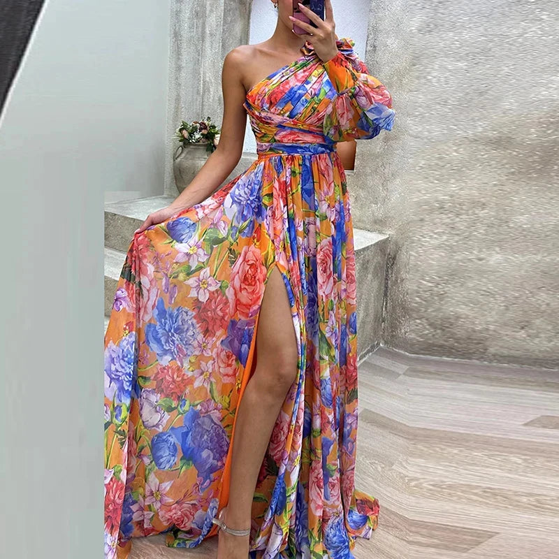 High Split Loose Hem One Shoulder Print Beach Party Dress