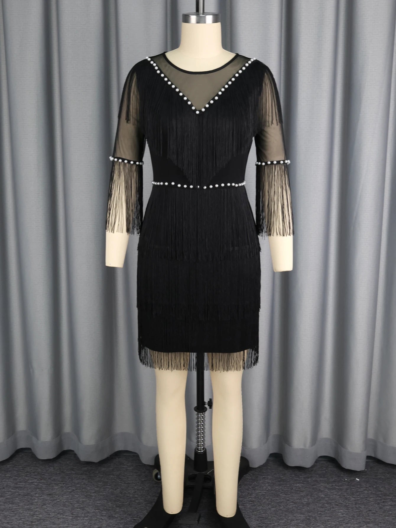 Stylish Sheer O Neck Beading Pearl High Waist Tierred Slim Bodycon Fringe Mini Dress