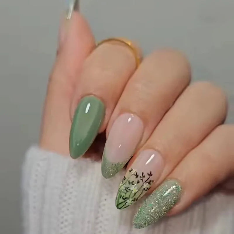 24Pcs Simple Almond Fake Nails with Green Leaves Design