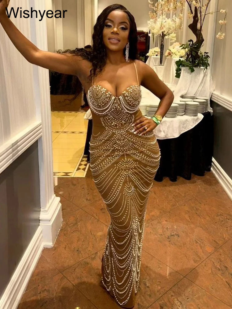 New Luxury Sparkly Crystal Rhinestone Pearl Gown