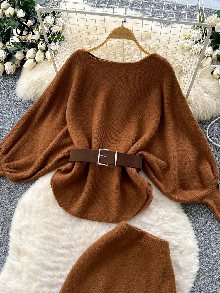 Autumn Batwing Sleeve Tops+High Waist Long Skirt