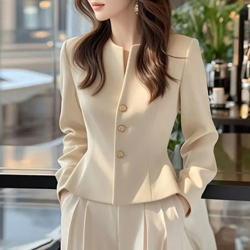Apricot French Waist-Slimming Professional Shirt – Elegant Long-Sleeve Formal Top