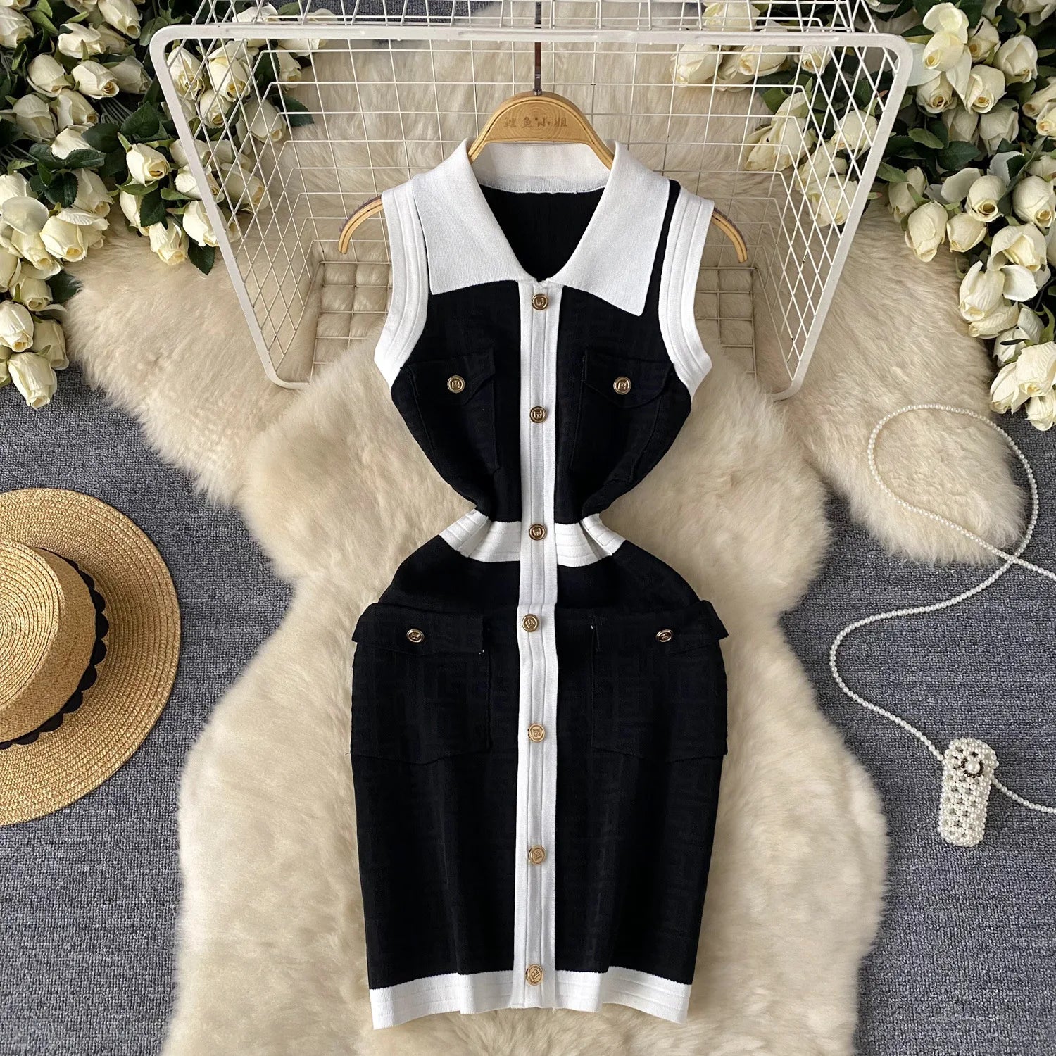Vests Knitted  Bodycon Streetwear Polo Neck Sleeveless Single Breasted Splice Dress