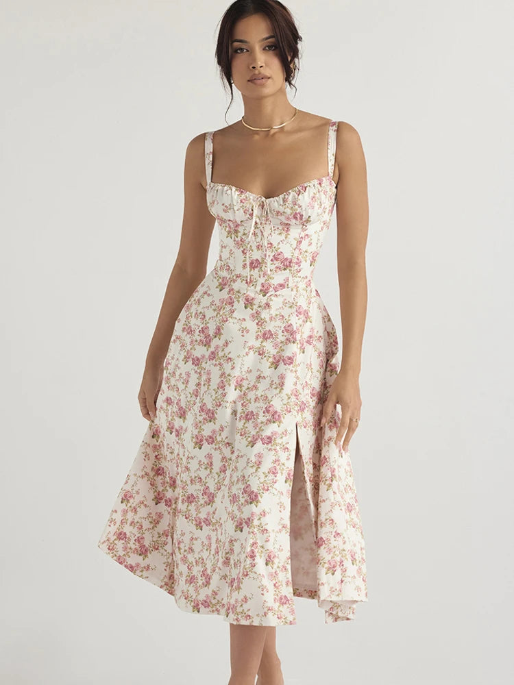 Off Shoulder Flower Print High Split Elegant Long Dresses