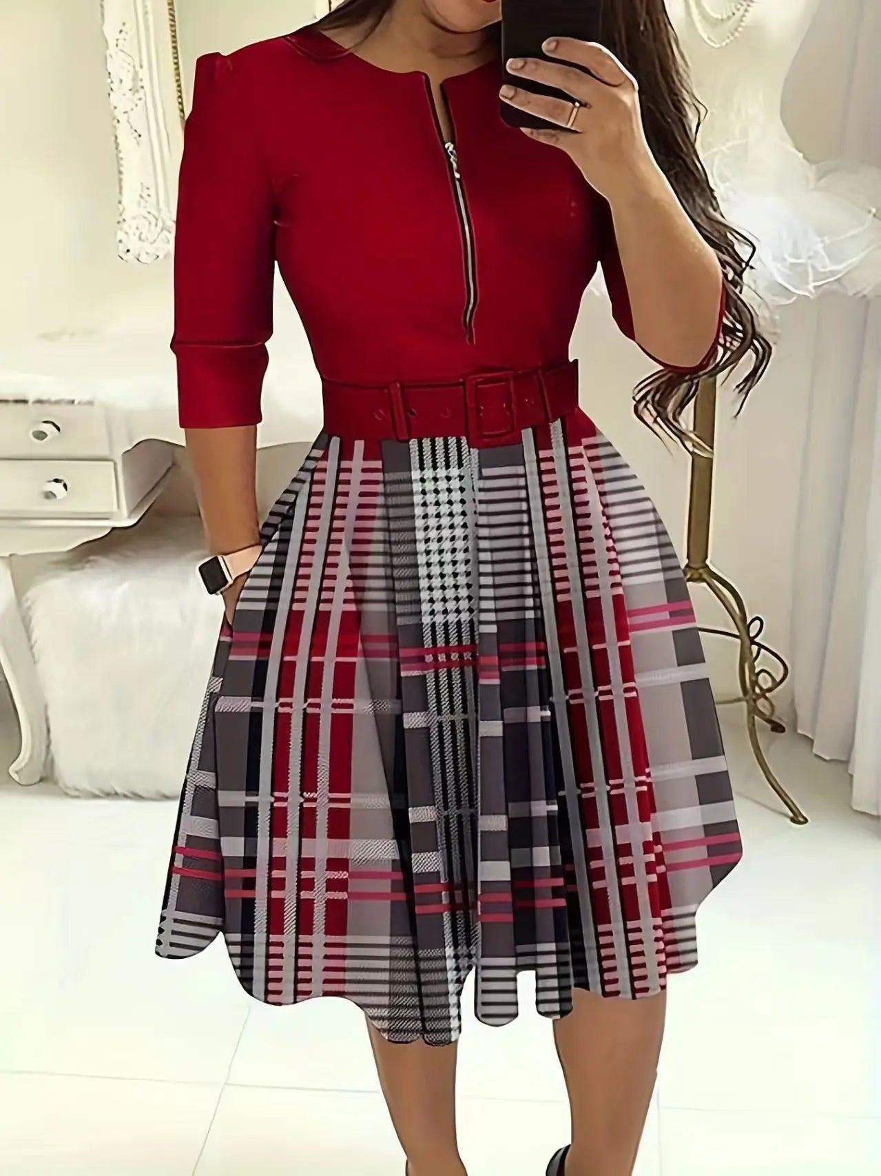 Autumn and Winter Elegant Waist Wrapped Mid Long Sleeve Solid V-Neck Fashion Dresses