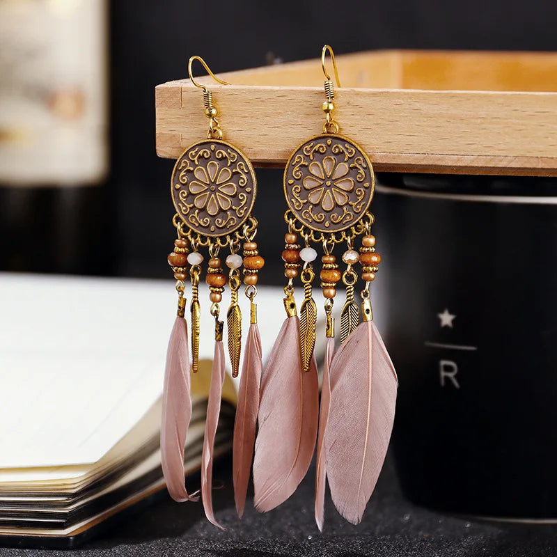 Boho Long Feather Dangle Earrings – Handmade Tassel & Enamel Flower Statement Jewelry for Women