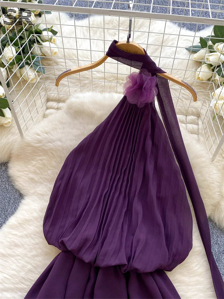 Summer Pleated Sleeveless Irregular Halter Sundress