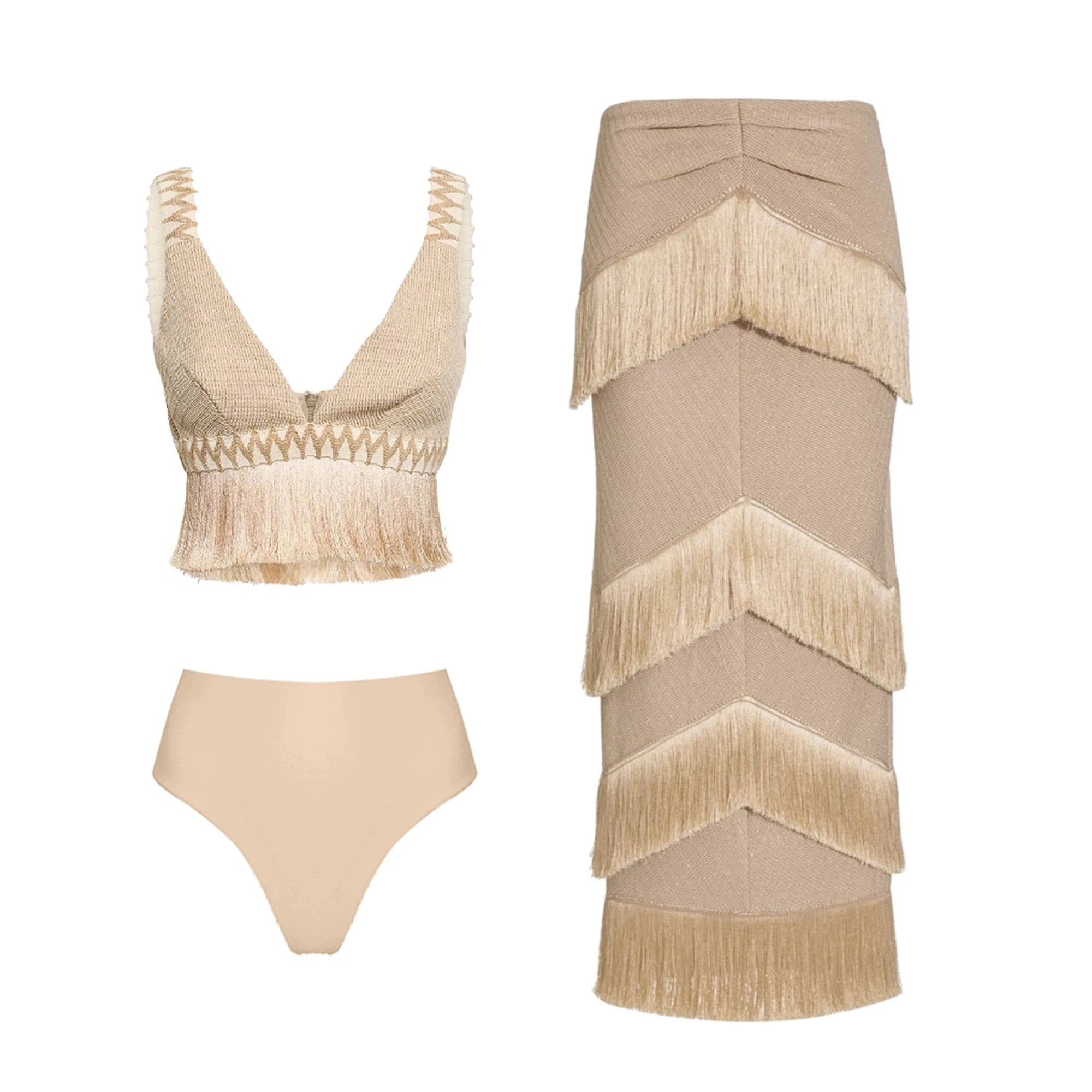 2025 V Neck Fringe Trim Bikini Swimsuit High Waist Swimwear with Skirt