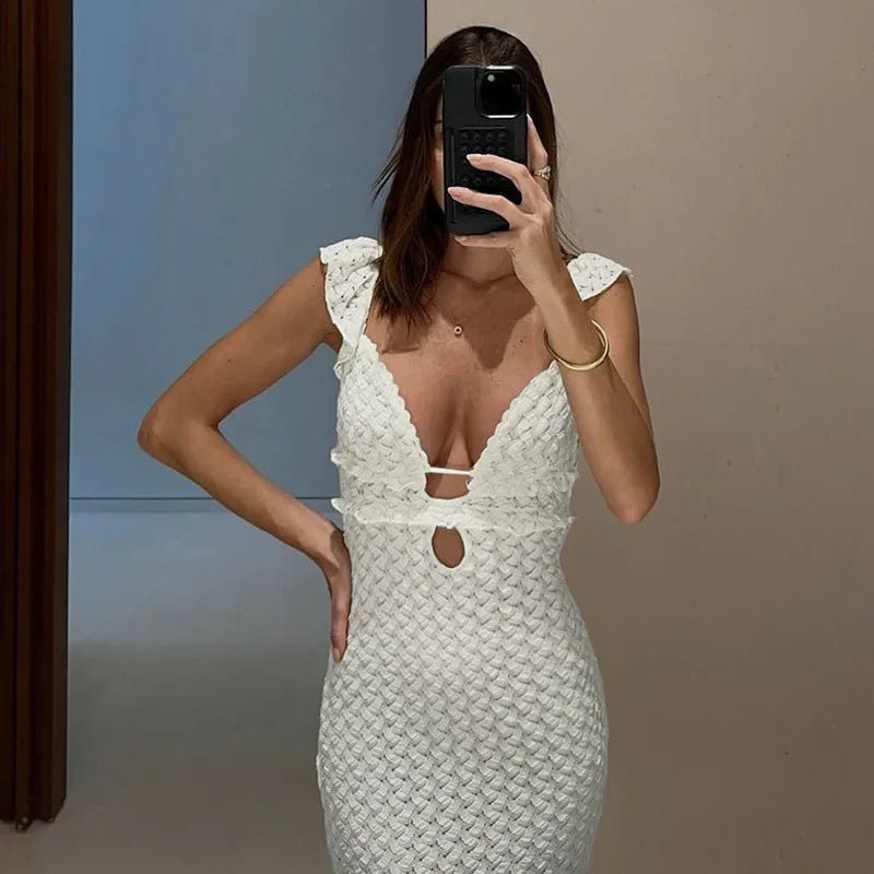 Summer Fashion Solid Color V-neck Backless Lace-up Hollow Slim Stretch Long Dress