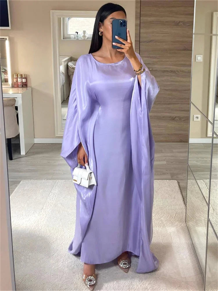 Autumn Loose Butterfly Batwing Long Sleeve Shiny Maxi Dress