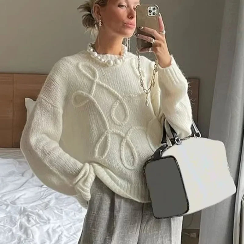 Solid Color Round Neck Long Sleeve Knitted Sweater