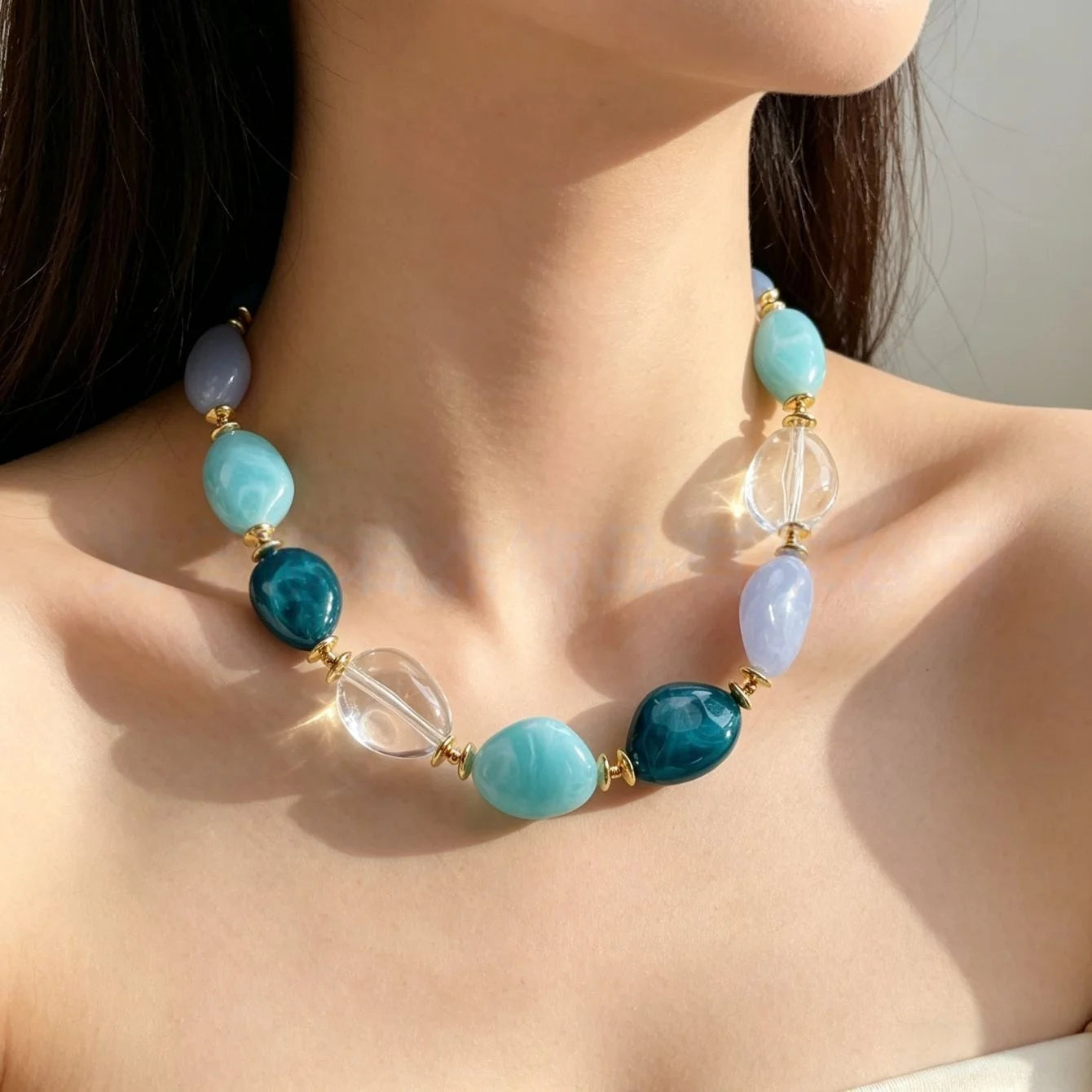 Irregular Blue Green Acrylic Beaded Necklace